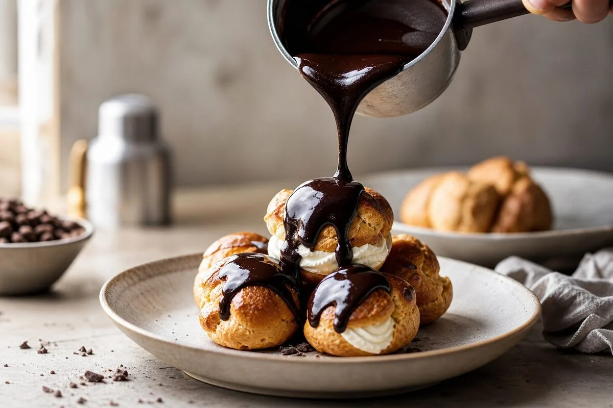Profiteroles nappées d’une sauce chocolat brillante en cuisine