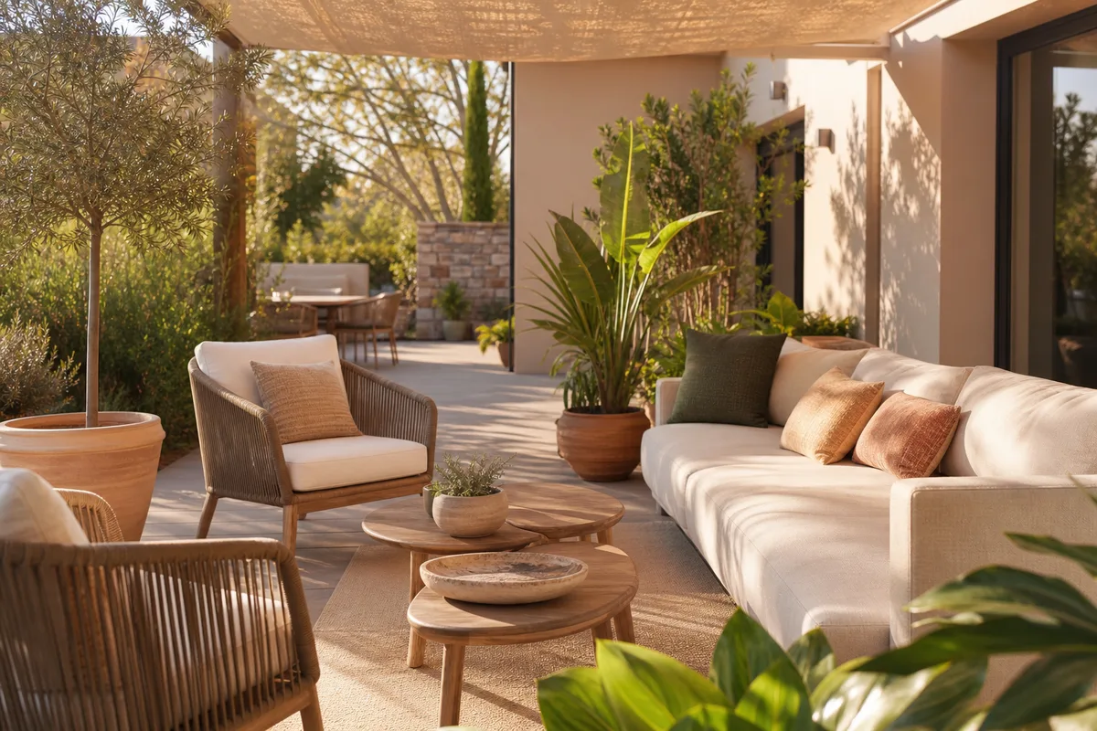 Terrasse résidentielle ombragée avec mobilier et plantes