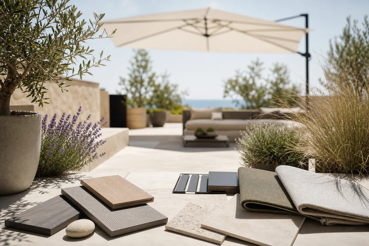 Échantillons de matériaux pour aménager une terrasse plus fraîche