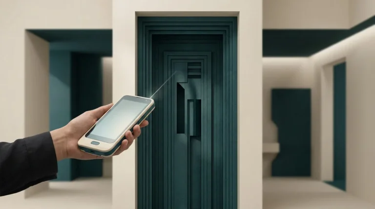 Une main utilise un appareil de mesure laser pour analyser une porte au design géométrique et complexe.