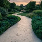 Allée de jardin pavée serpentant à travers un jardin luxuriant au coucher du soleil.