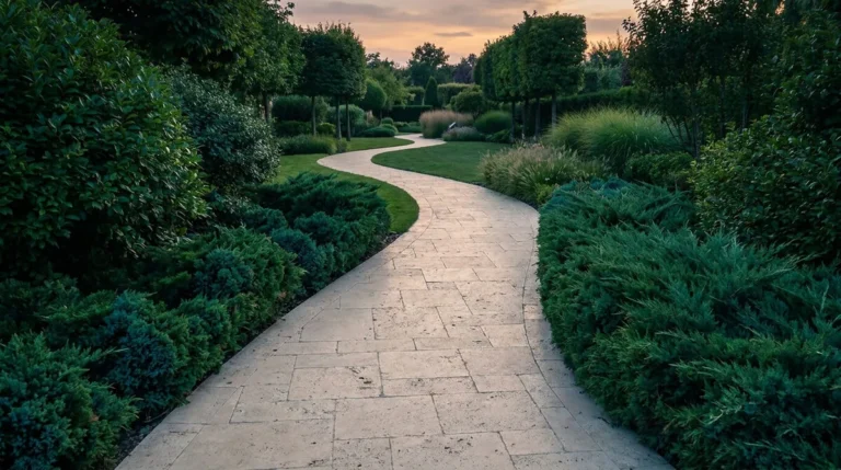 Allée de jardin pavée serpentant à travers un jardin luxuriant au coucher du soleil.