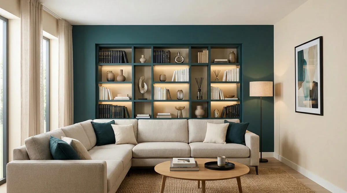 Salon avec un canapé beige, une table basse et une grande bibliothèque murale encastrée vert foncé rétroéclairée.