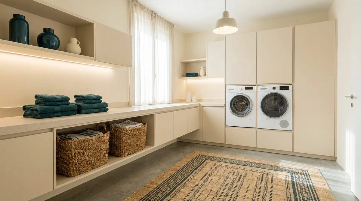 Une buanderie élégante avec des placards beiges, lave-linge, sèche-linge et des paniers en osier sur un sol en béton.