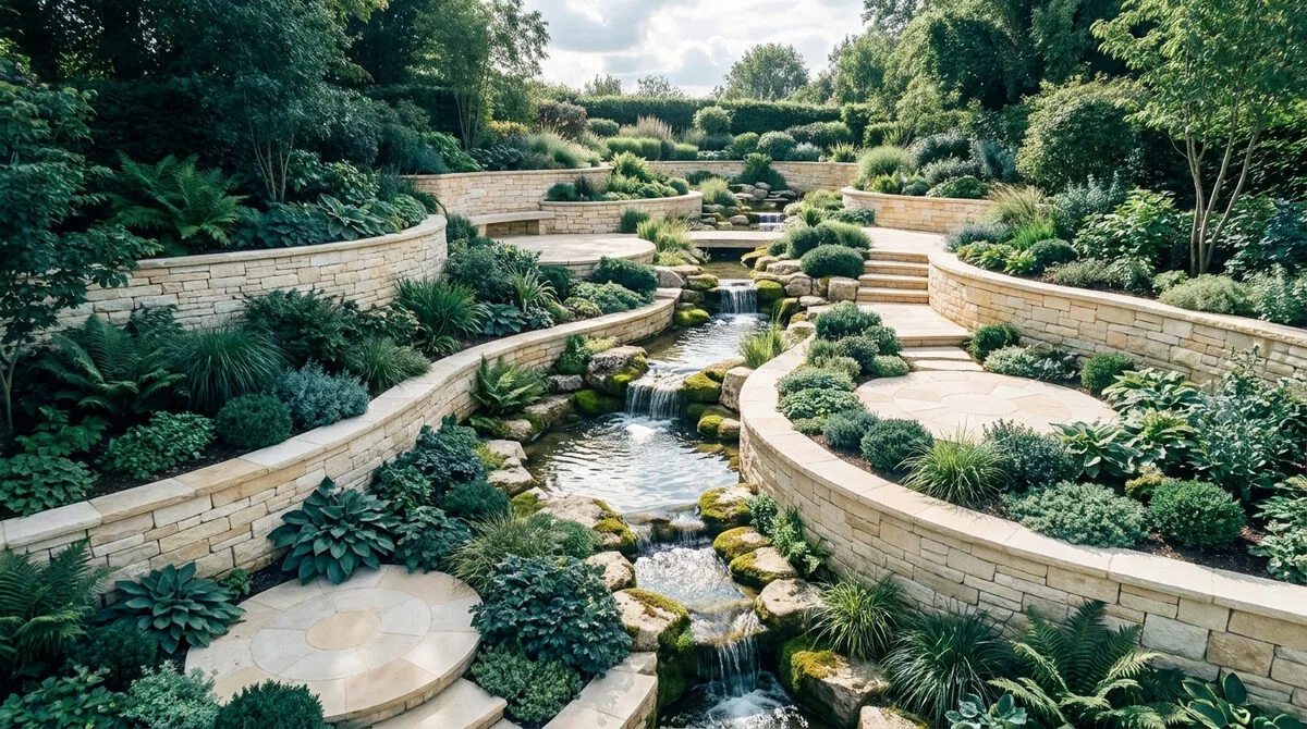 Jardin en pente aménagé en terrasses avec murets en pierre, un ruisseau à cascades et des espaces de détente circulaires.