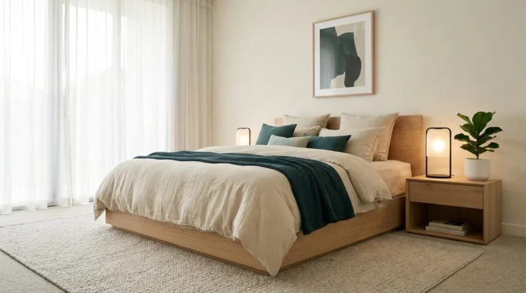 Chambre lumineuse avec lit en bois, linge de lit beige et touches de vert forêt, ambiance zen et épurée.