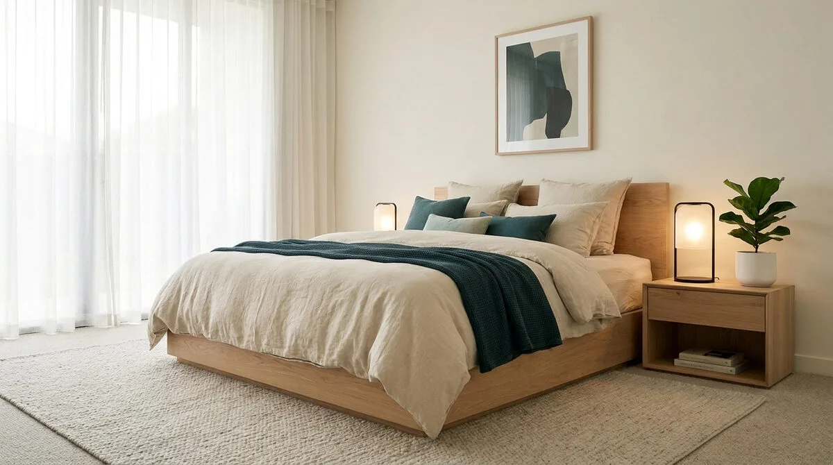 Chambre lumineuse avec lit en bois, linge de lit beige et touches de vert forêt, ambiance zen et épurée.