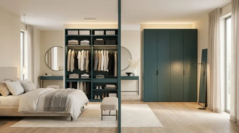 Chambre moderne avec un dressing ouvert au centre et une grande armoire fermée vert émeraude sur le côté.