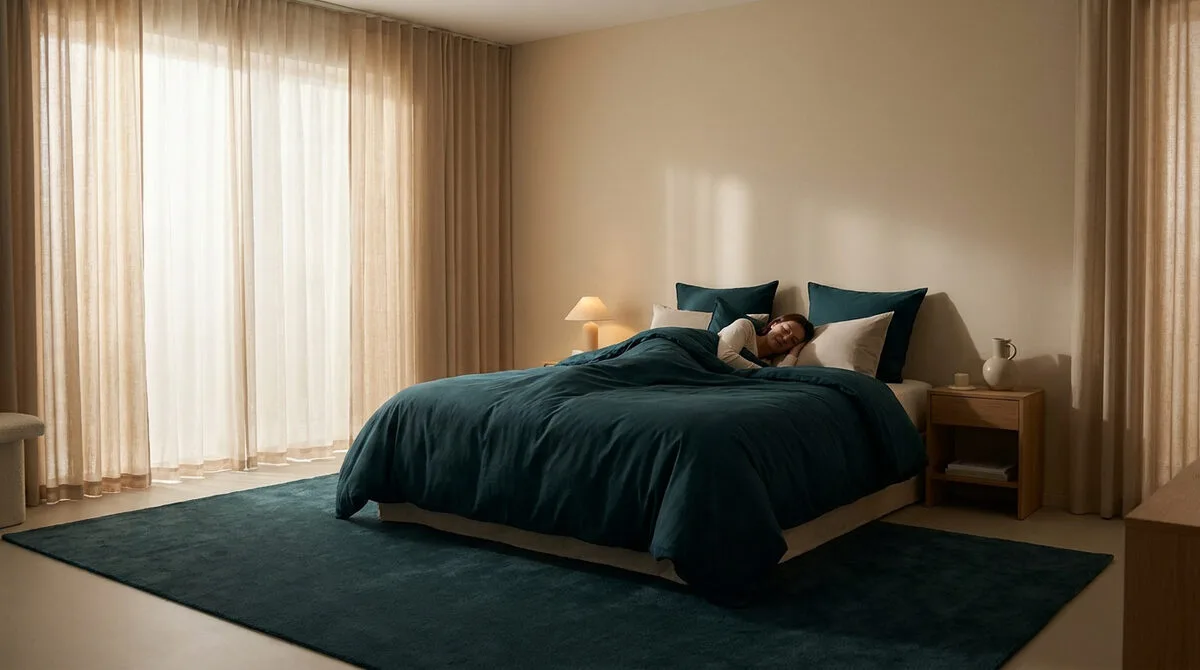 Une femme dort paisiblement dans un lit avec parure bleu canard dans une chambre moderne et lumineuse.