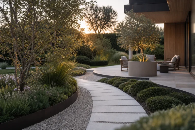 Photo réaliste illustrant cheminement extérieur jardin dans l’univers Amanda Carver Designs — design extérieur