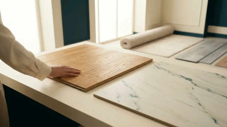 Une main touche un échantillon de parquet en chêne posé sur un comptoir à côté d'un échantillon de marbre blanc.