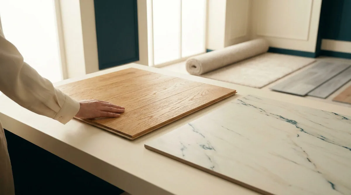 Une main touche un échantillon de parquet en chêne posé sur un comptoir à côté d'un échantillon de marbre blanc.