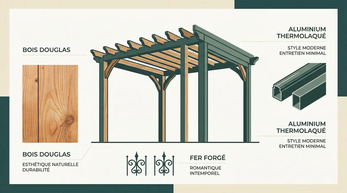 Comparaison visuelle entre une pergola en bois naturel, une structure en aluminium moderne et du fer forgé romantique dans un jardin