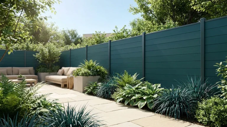 Une terrasse moderne avec une clôture horizontale vert foncé et des plantes luxuriantes.