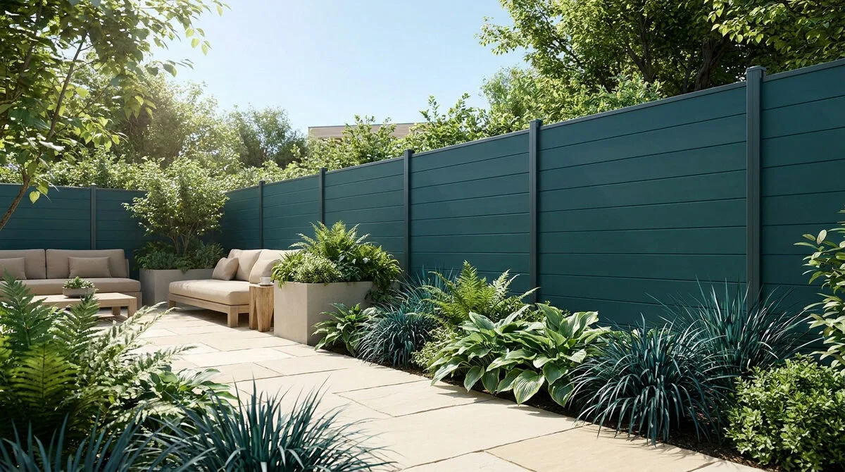 Une terrasse moderne avec une clôture horizontale vert foncé et des plantes luxuriantes.