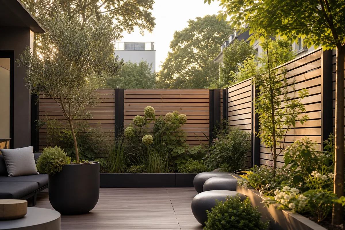 Clôture de jardin en bois design autour d’une terrasse