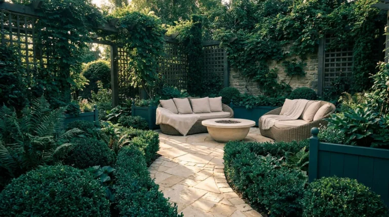 Salon de jardin extérieur avec canapés en rotin, brasero et treillis végétalisés dans un jardin luxuriant.
