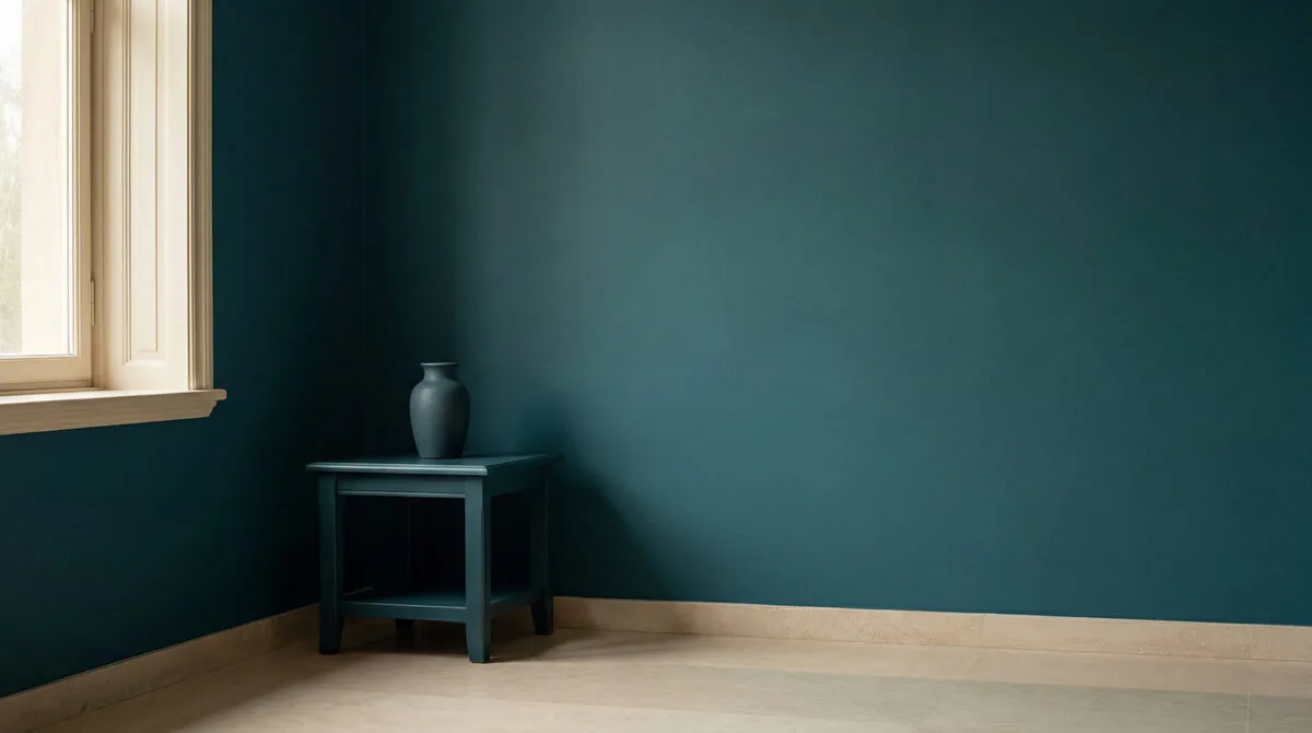 Une petite table bleue et un vase posés dans l'angle d'une pièce aux murs peints en bleu pétrole très sombre.