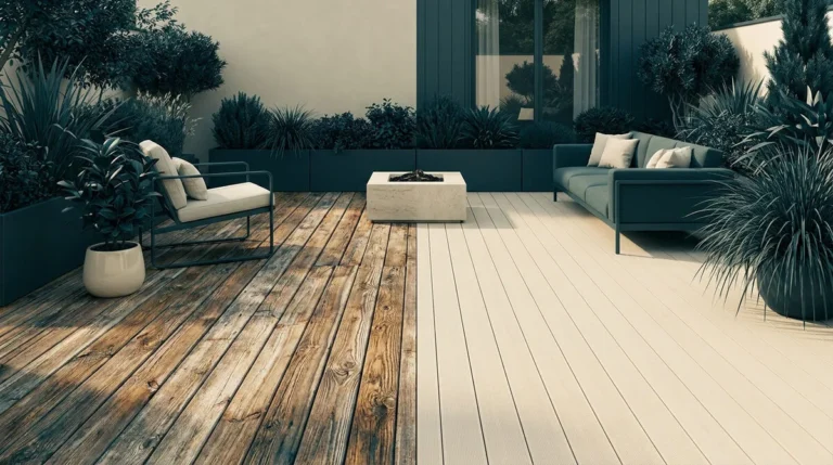 Comparaison visuelle entre un revêtement de terrasse en bois naturel et en composite moderne.