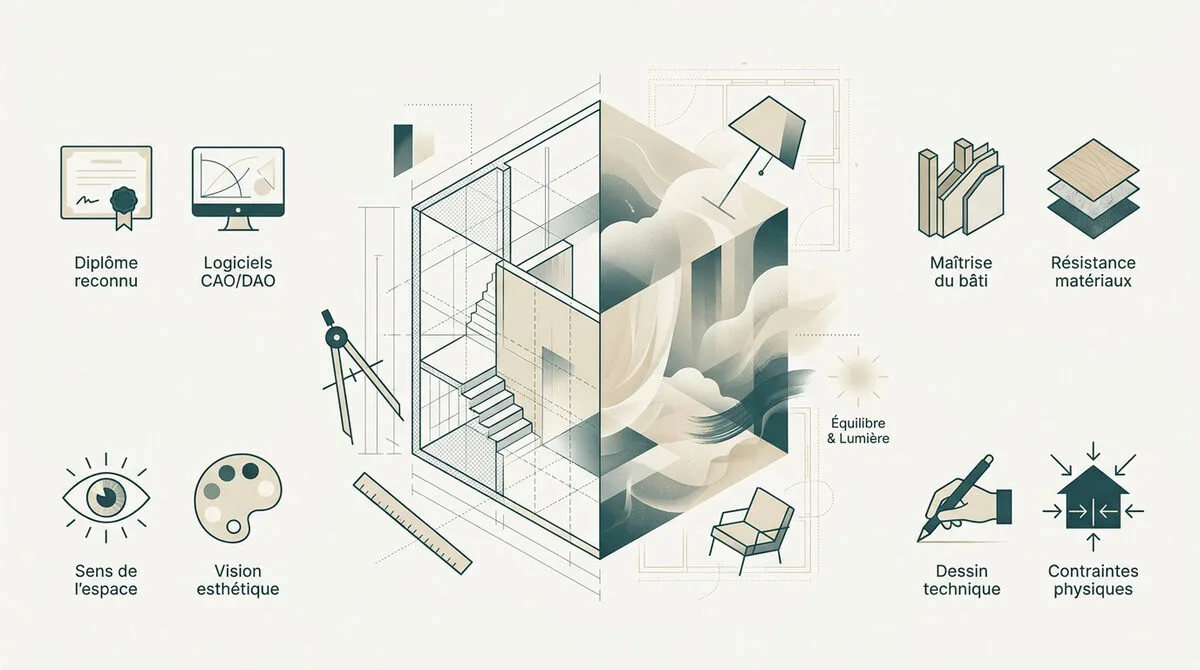 Schéma des compétences clés de l'architecte d'intérieur incluant technique et créativité