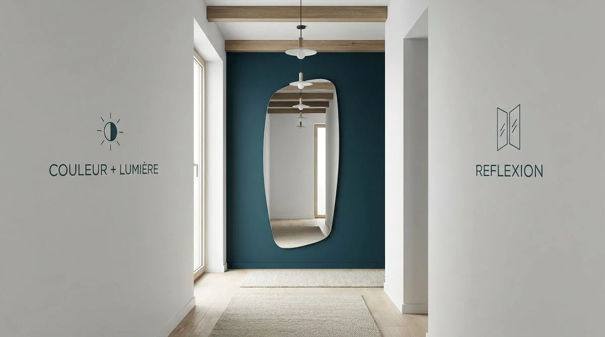 Décoration d'un couloir long chic avec miroirs et tons clairs style scandinave