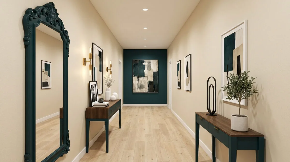 Un couloir élégant aux tons beige et bleu pétrole, décoré avec des miroirs, des consoles en bois et des tableaux abstraits.