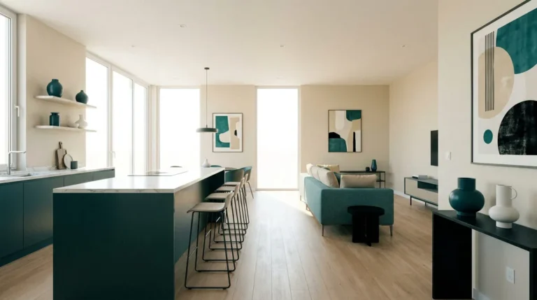 Un intérieur contemporain lumineux avec cuisine ouverte en îlot, salon et décoration aux tons bleu pétrole et beige.