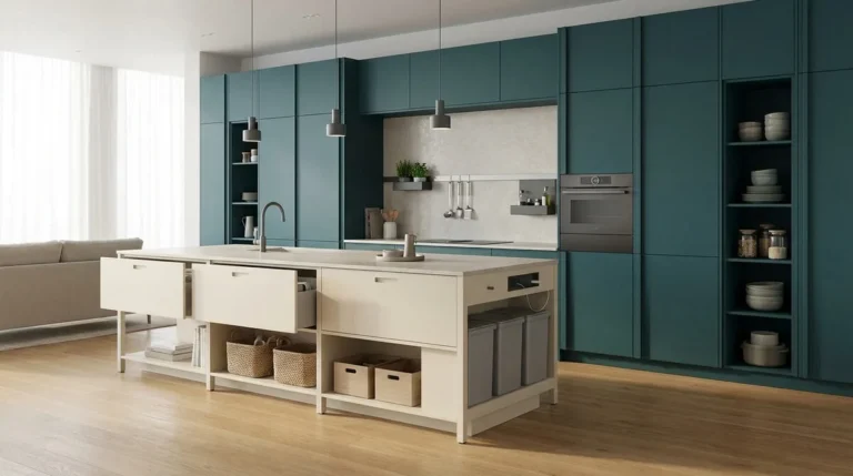 Cuisine ouverte moderne avec îlot central crème, meubles vert pétrole et parquet en bois clair.