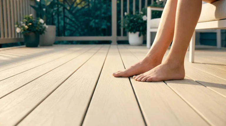 Pieds nus sur une terrasse en composite de couleur claire, une personne se détend confortablement en extérieur.