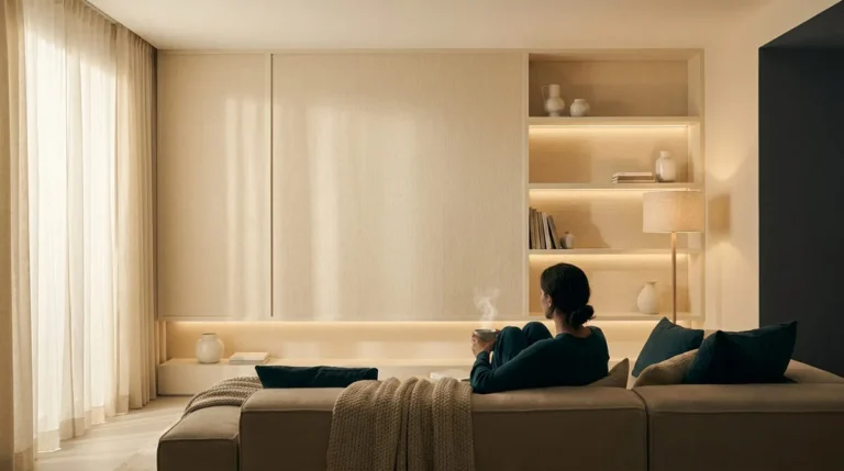 Personne détendue sur un canapé dans un salon chaleureux aux tons neutres, avec éclairage LED indirect sur le mur.