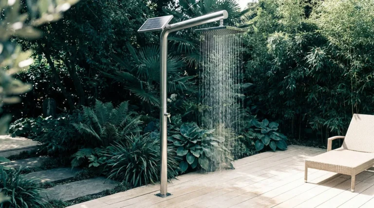 Douche extérieure en inox avec panneau solaire fonctionnant dans un jardin luxuriant à côté d'un bain de soleil.