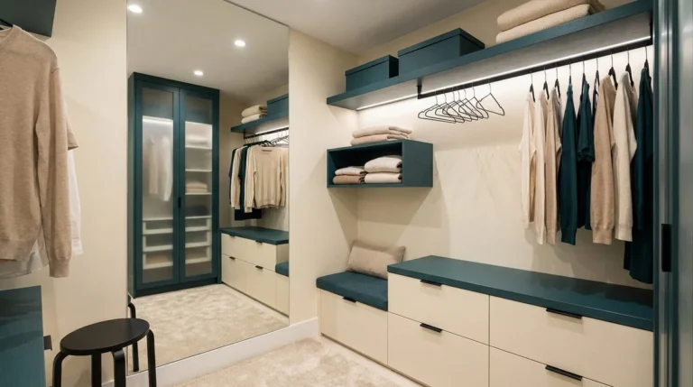 Dressing moderne et organisé avec des rangements bleu pétrole et des tons neutres, incluant une penderie et un miroir.