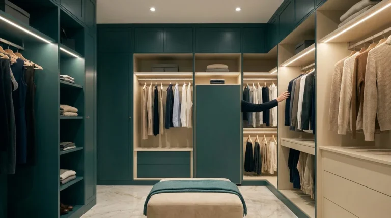 Dressing luxueux bleu canard avec éclairage LED sous étagères et vêtements soigneusement suspendus.