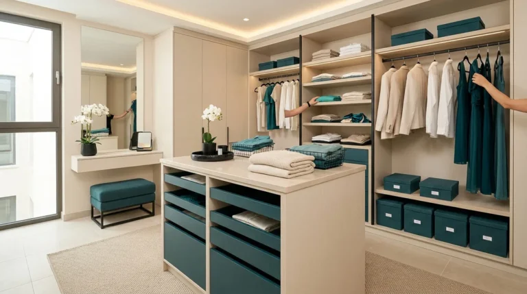 Un dressing élégant aux tons beige et bleu pétrole avec un îlot central et des vêtements soigneusement rangés.