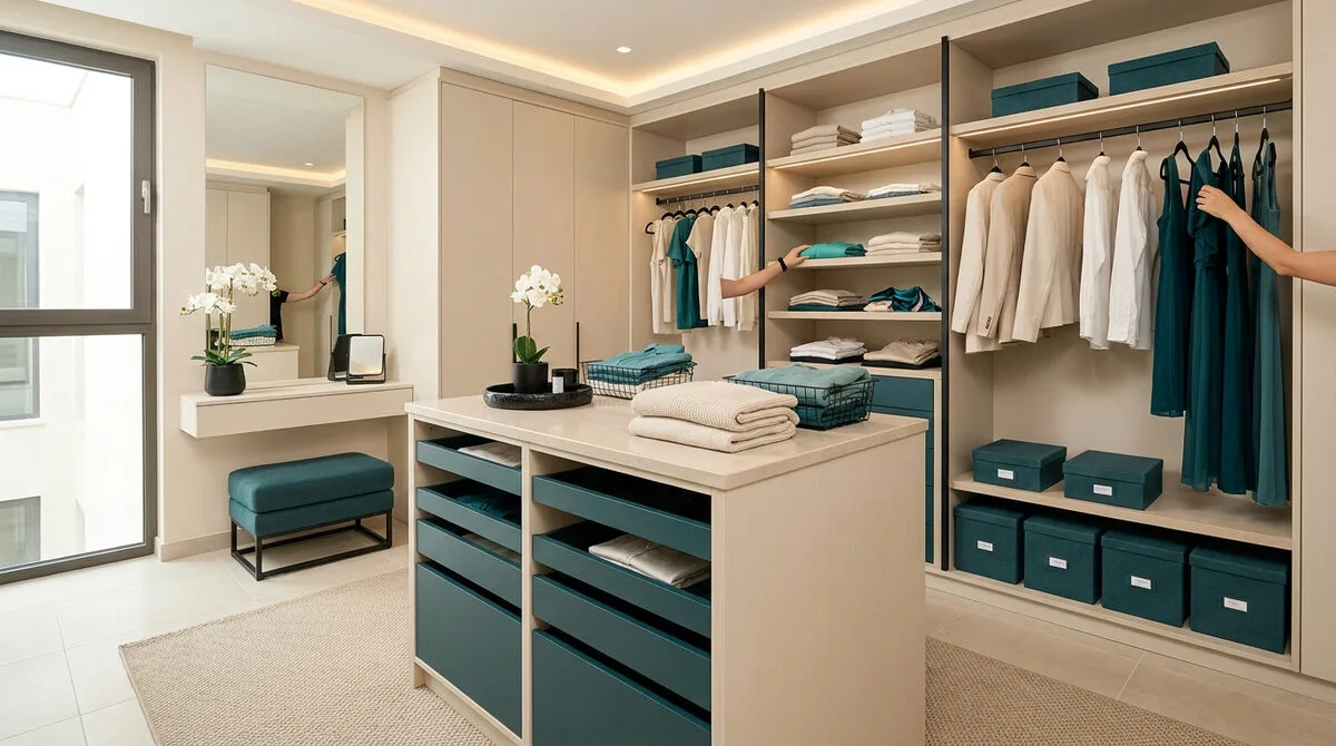Un dressing élégant aux tons beige et bleu pétrole avec un îlot central et des vêtements soigneusement rangés.