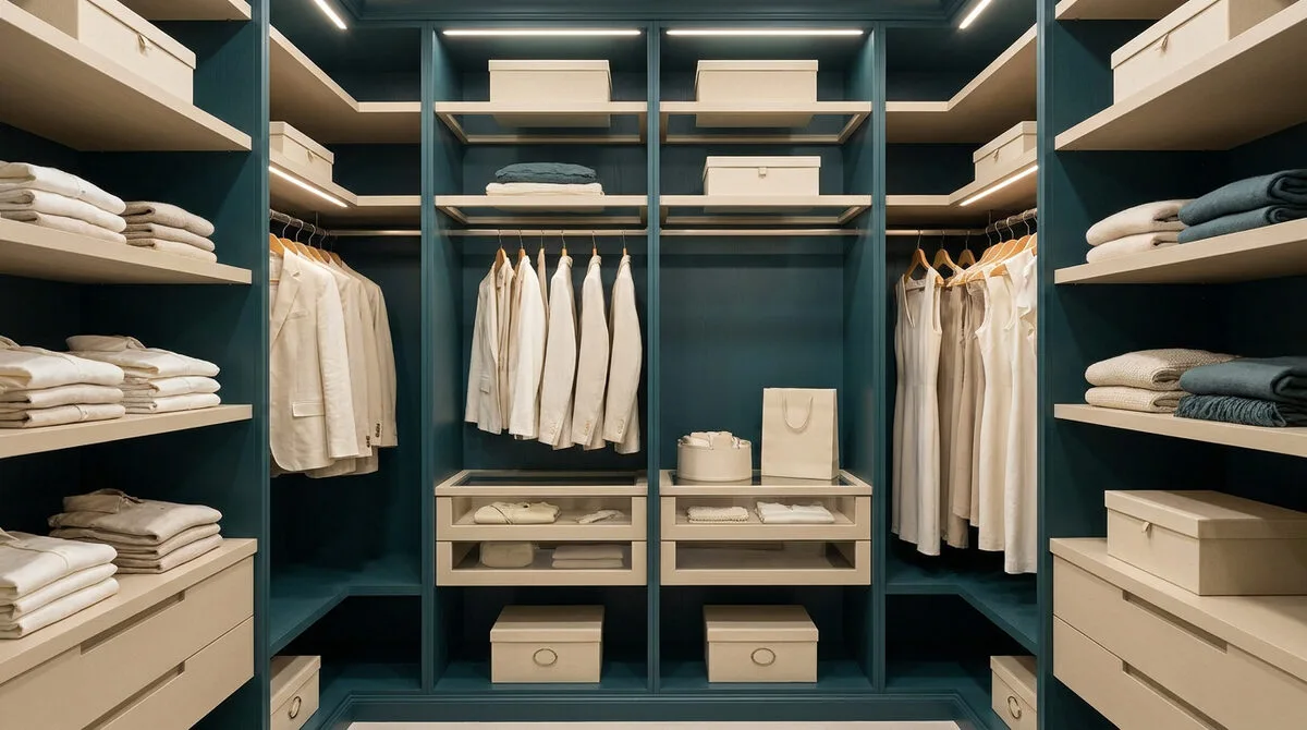 Dressing luxueux avec étagères bleu pétrole, vêtements bien rangés, cintres en bois et éclairage LED intégré.
