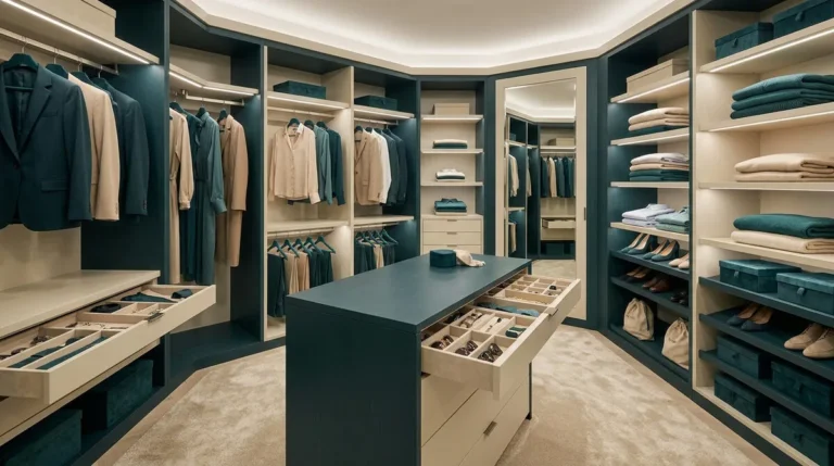 Dressing luxueux avec îlot central, étagères éclairées et penderies organisées dans des tons bleu pétrole et beige.