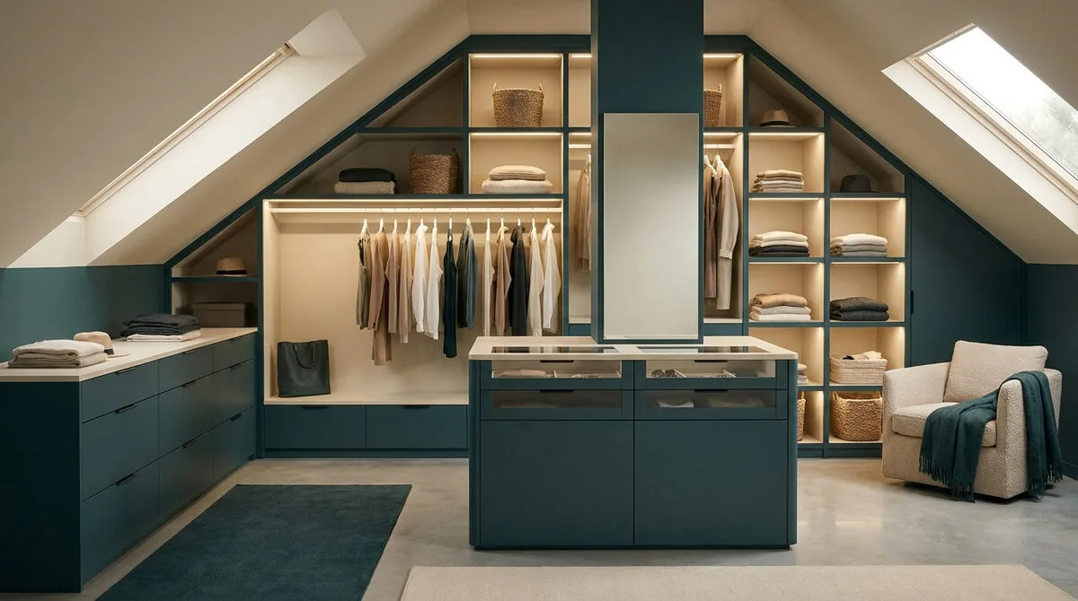 Dressing sur mesure bleu canard sous les combles avec éclairage LED intégré et îlot central.