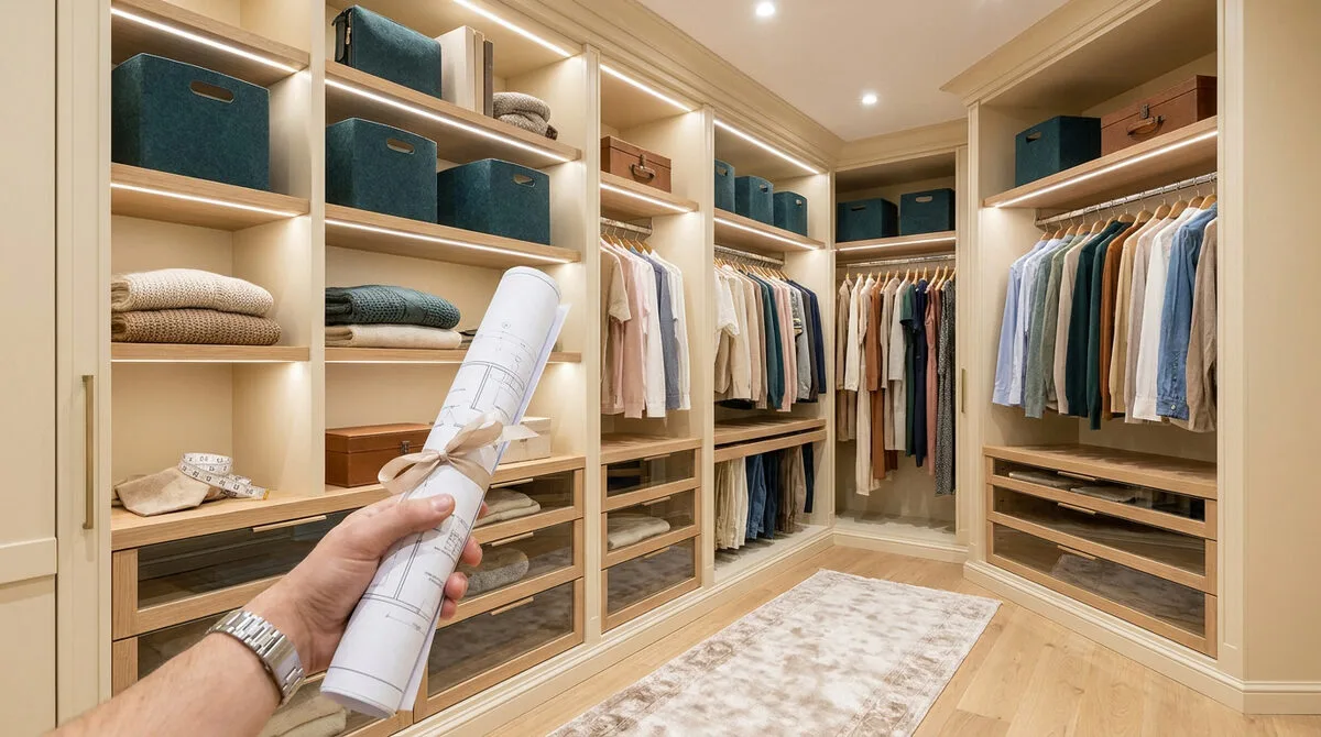 Une main tenant un plan d'architecte devant un dressing élégant et organisé avec éclairage intégré.