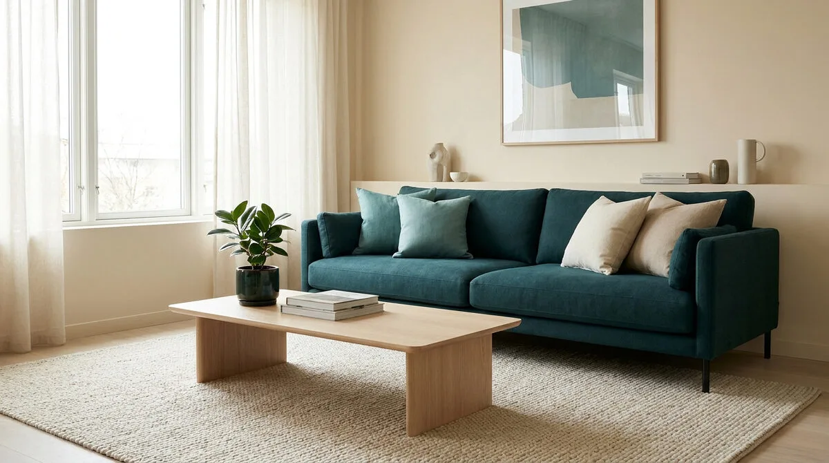 Salon lumineux avec un canapé bleu pétrole, table basse en bois clair et tapis beige dans un style scandinave épuré.