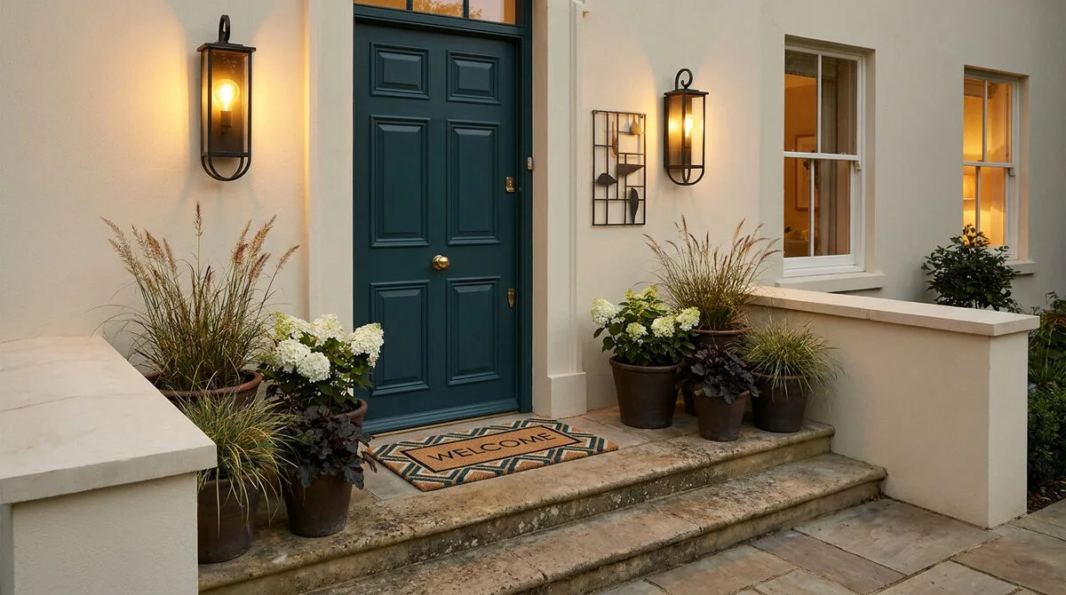 Entrée de maison avec porte bleu foncé, paillasson « Welcome » et pots de fleurs sur des marches en pierre.