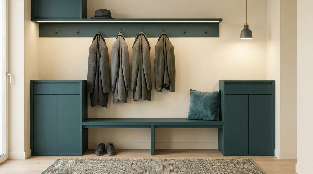 Un vestiaire d'entrée moderne avec des rangements vert sapin, un banc, des patères pour manteaux et un éclairage intégré.