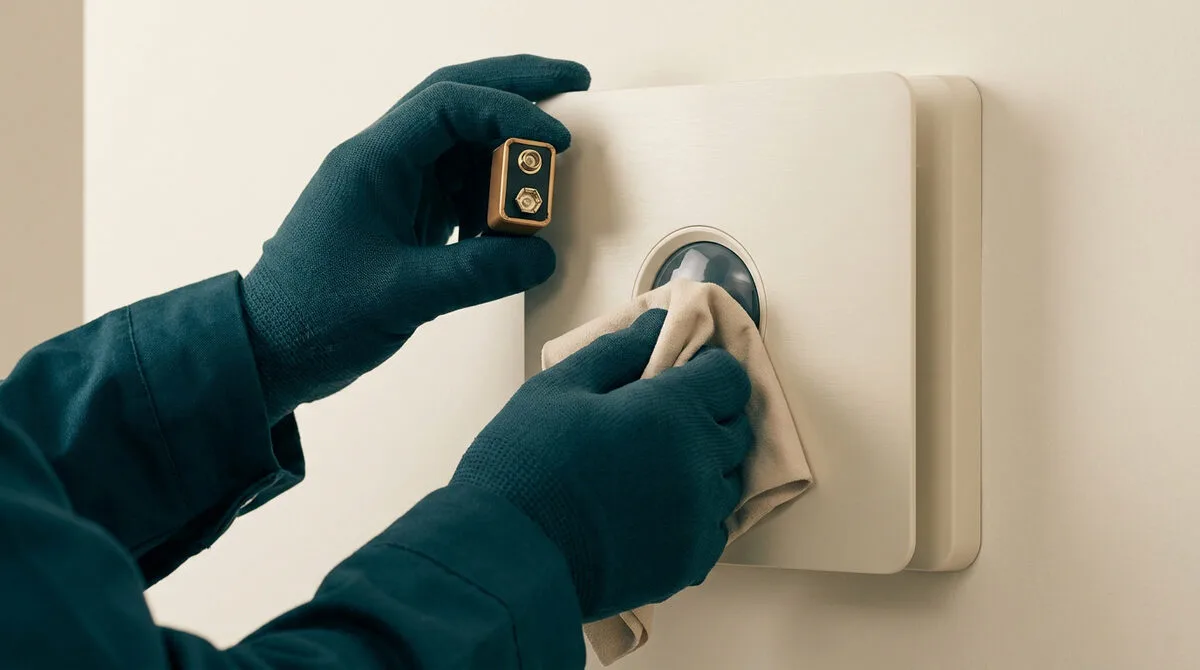 Mains avec des gants nettoyant le capteur d'une bouche VMC avec une pile 9V à proximité.