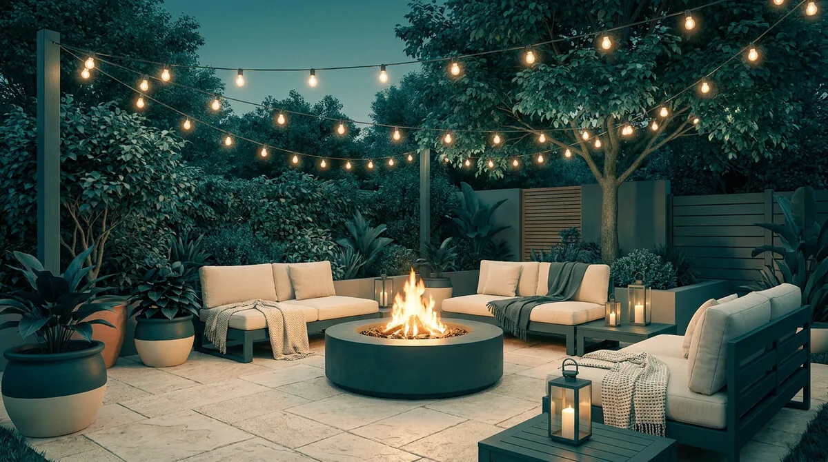 Salon de jardin moderne avec brasero central entouré de canapés et guirlandes lumineuses à la tombée de la nuit.