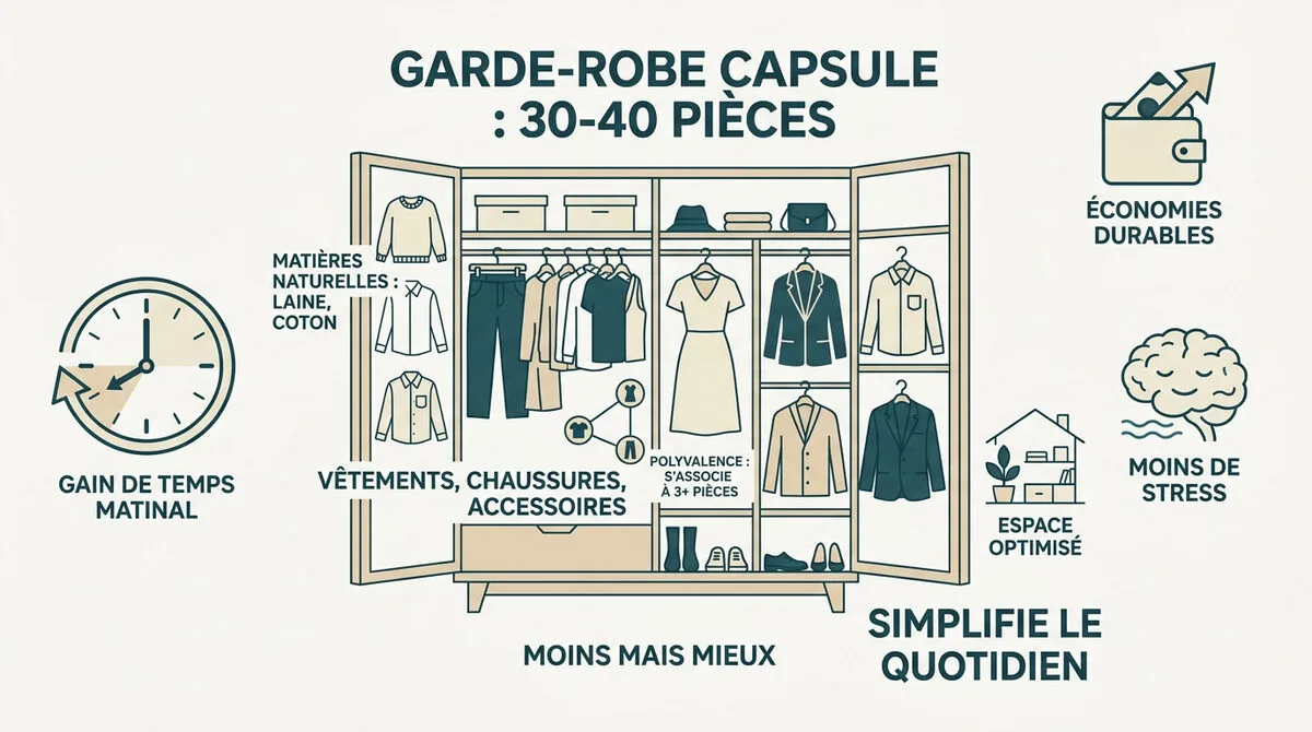Sélection de vêtements épurés dans une penderie capsule organisée