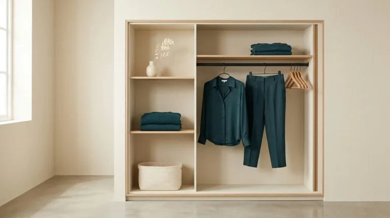 Penderie minimaliste en bois clair avec des vêtements vert émeraude, organisée de façon sereine et ordonnée.