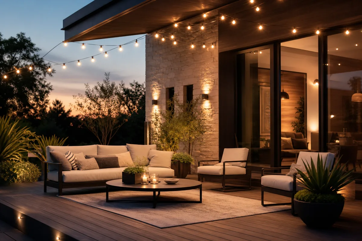 Terrasse contemporaine éclairée doucement au crépuscule