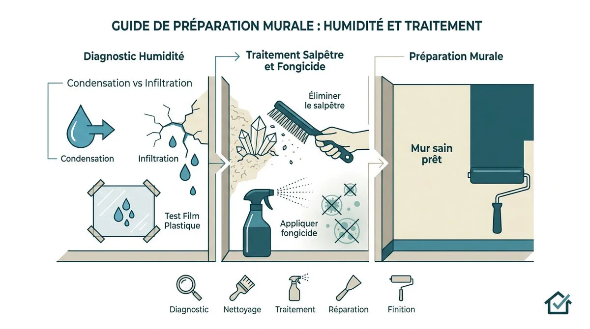 Préparation et brossage d'un mur humide avant peinture