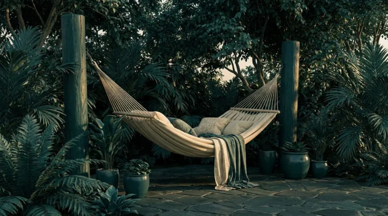 Un hamac beige confortable suspendu entre deux poteaux en bois au milieu d'un jardin luxuriant et tropical.