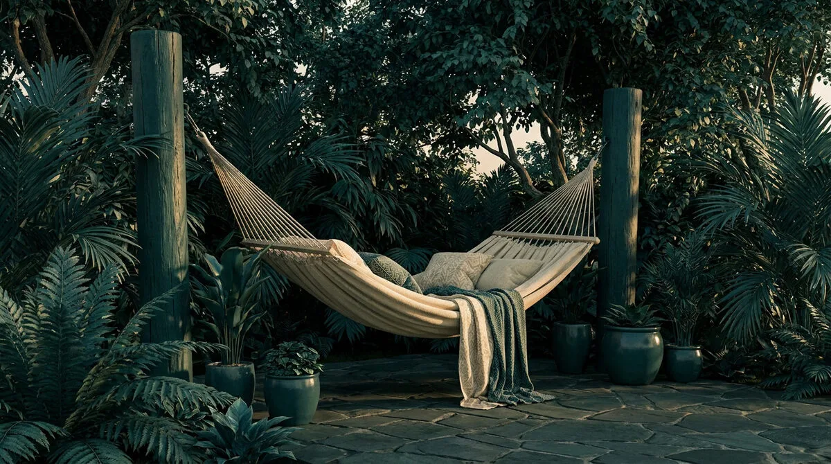 Un hamac beige confortable suspendu entre deux poteaux en bois au milieu d'un jardin luxuriant et tropical.